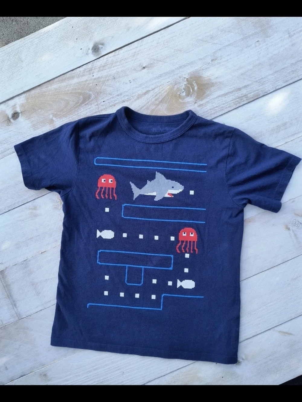 Children's Place Boys Toddler Pacman Shark Graphics SS Tshirt Size 5/6 Blue